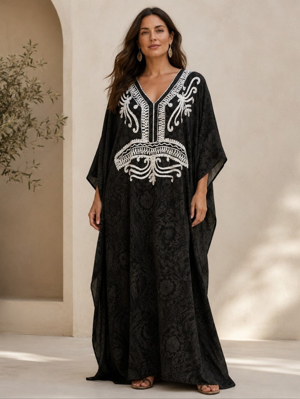 Sante Classics Black White Embroidered Caftan Maxi Dress Moroccan Resort OS